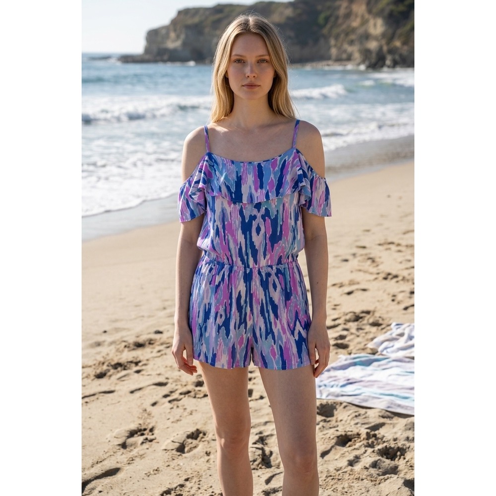 Lilly Pulitzer Romper S Blue‎ Pink Cold Shoulder Ruffle Resort Coastal Summer